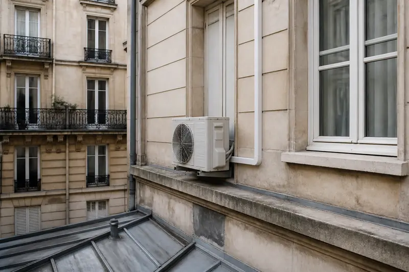 Façade arrière d'un immeuble ancien avec un climatiseur mural posé sur le mur de cour