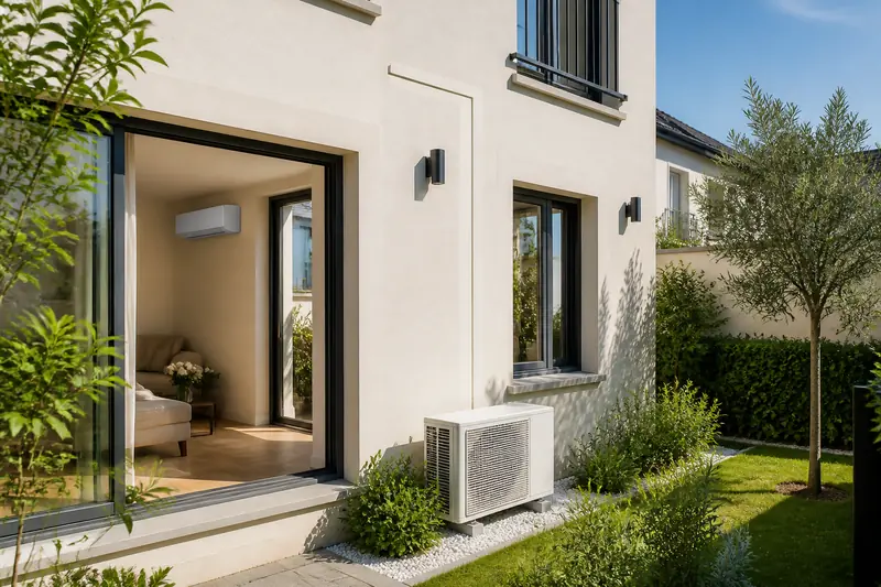 Maison de ville en briques avec une unité extérieure de climatisation posée au jardin